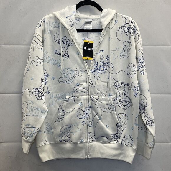 Disney Tops - NEW! Disney Lilo & Stitch, Zip Up Hoodie Size MD, Off White, Outline AOP, Freeze